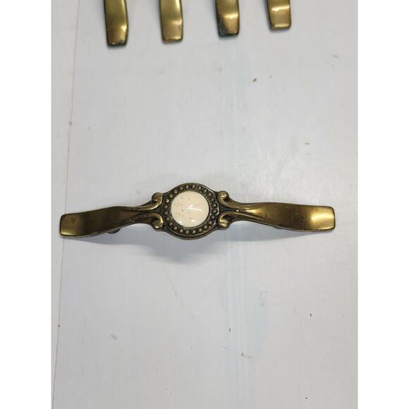 5 Vintage Drawer Pulls, Brass w/Ceramic Speckled Round Center 70s Salvage Lot - Picture 3 of 4